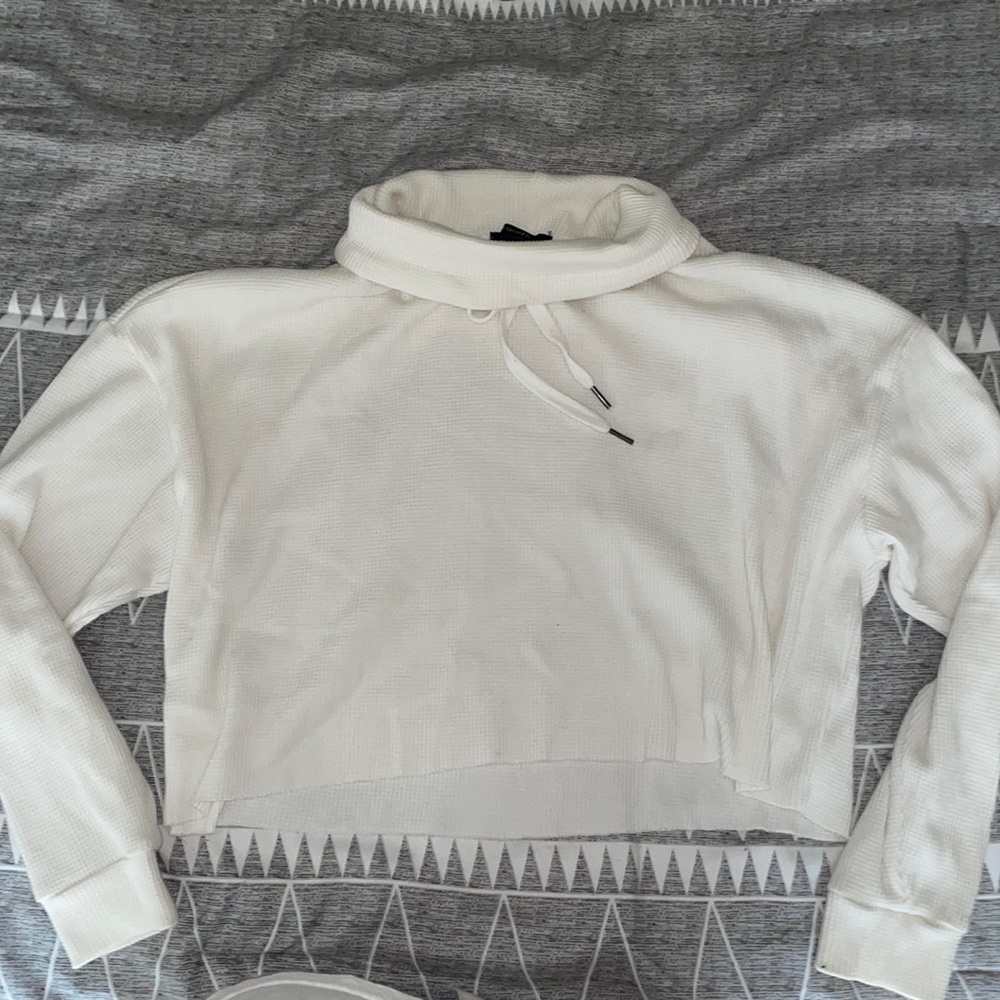 White, long sleeve, crop top, turtle neck with adjustable strings